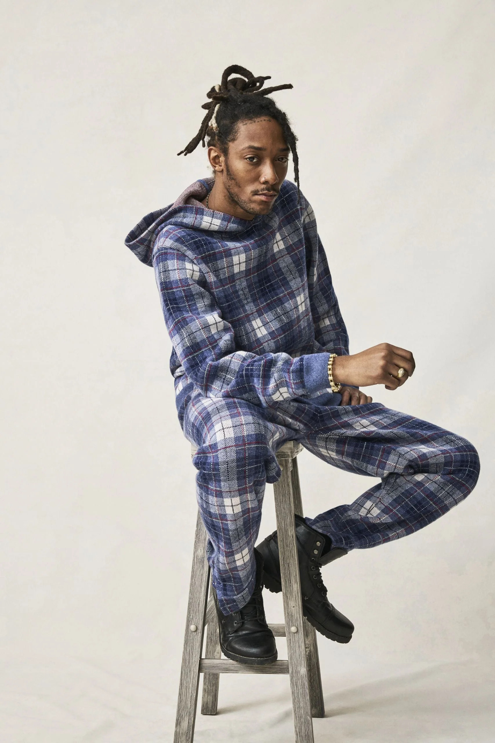 Navy Tartan Cashmere Pants - Image 4
